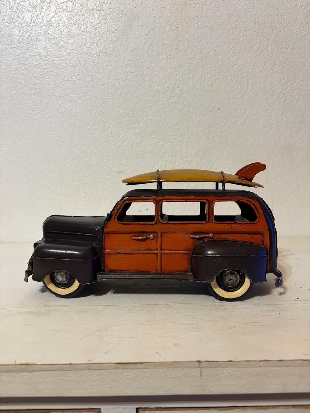 Vintage Style Orange & Black Toy Woodie Station Wagon with Yellow Surfboard